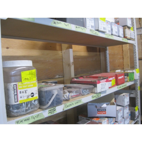 SHELF OF MISC. SCREWS, HILTI ANCHOR BOLTS, ETC.