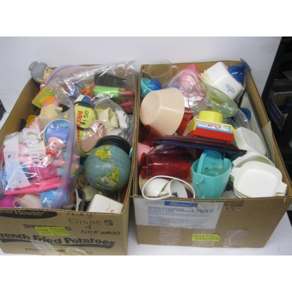 2 BOXES OF MISC. COLLECTABLE ITEMS, DOLLHOUSE ITEMS, ETC.