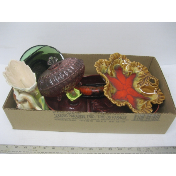 BOX OF ASST. VASE, DISHES, ETC.