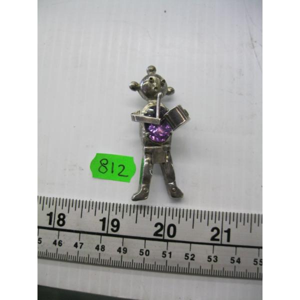 SM. SILVER NAVAJO KACHINA MUDMAN PIN W/AMETHYST STONE, SIGNED