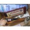 Image 4 : BOX W/MISC. SIGNS, LICENCE PLATE, THERMOMETERS, ETC.