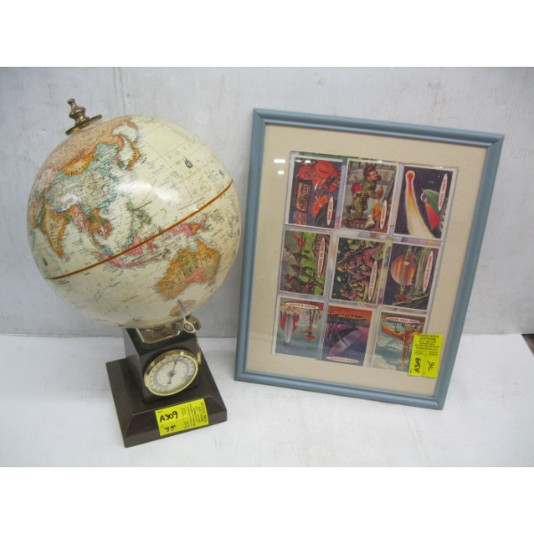 BAROMETER THERMOMETER GLOBE & A FRAMED SPACE PICTURE COLLECTOR CARDS
