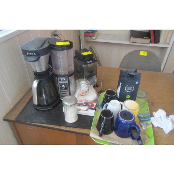 NINJA COFFEEMAKER W/DELONGHI GRINDER, COFFEE MUGS, ETC.