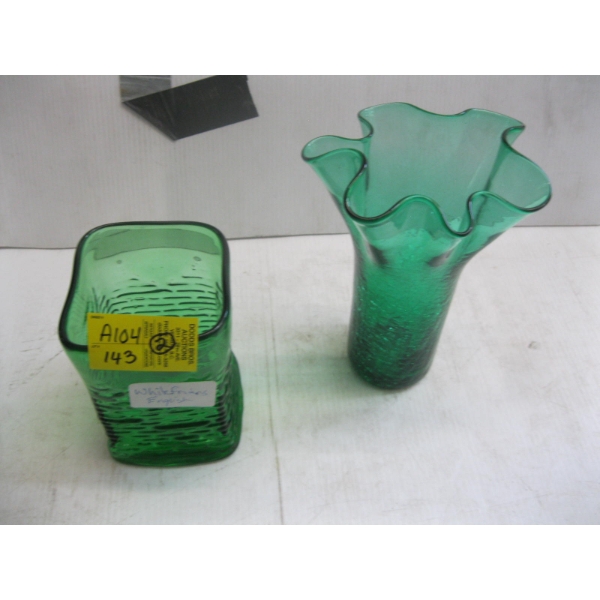 2 WHITTFRIANS ENGLISH GREEN GLASS VASES