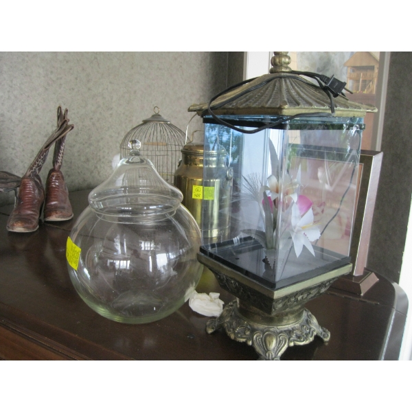 PICTURE OF CAT, GLASS LIDDED BOWL & DECORATIVE FLOWER