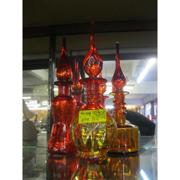 3 ORANGE/RED MCM BLENKO DECANTERS