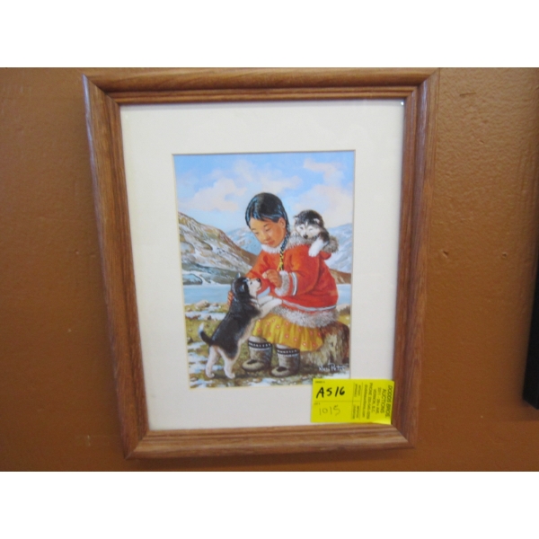 SM. FRAMED PRINT OF INUIT GIRL W/PUPS