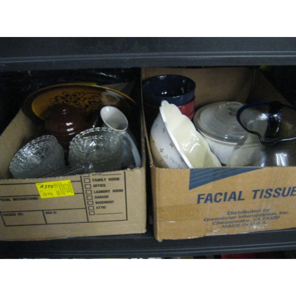 2 BOXES OF MISC: SERVING DISHES, WATER JUG, BOWLS, TEAPOT, ETC.