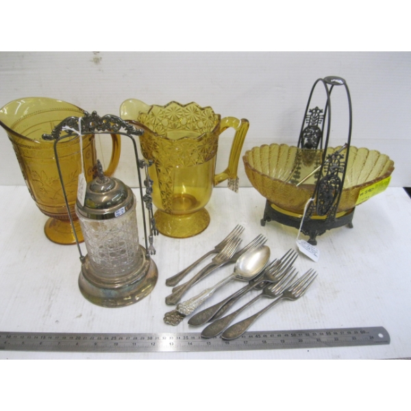 AMBER VINTAGE GLASSWARE, SILVER SPOONS, PICKLE JAR, ETC.