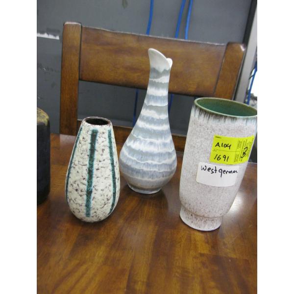 3 PIECES OF WEST GERMAN MCM POTTERY VASES