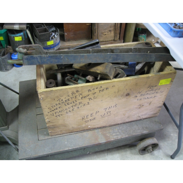 WOODEN BOX W/MISC. CONTENTS: EXTENSION BARS, VISE, ETC.