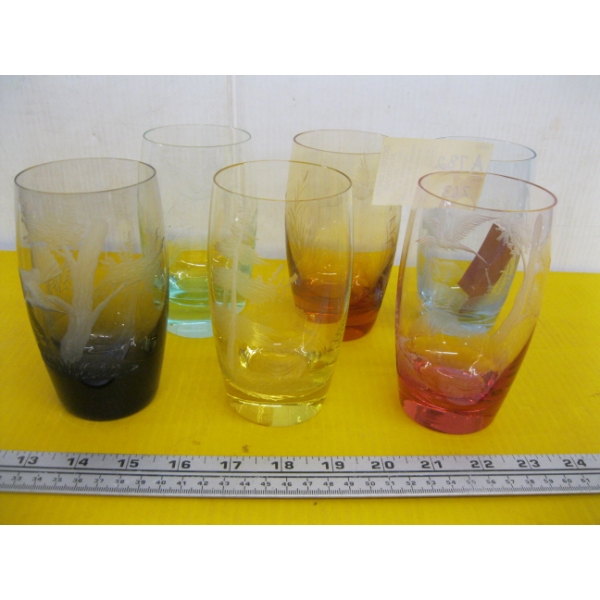 6 MOSERS MULTI COLORED ART GLASS TUMBLER GOBLETS IN BIRDS OF THE WILD