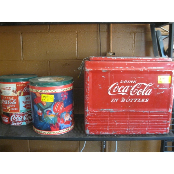 VINTAGE COCA COLA COOLER & 2 TIN CONTAINERS