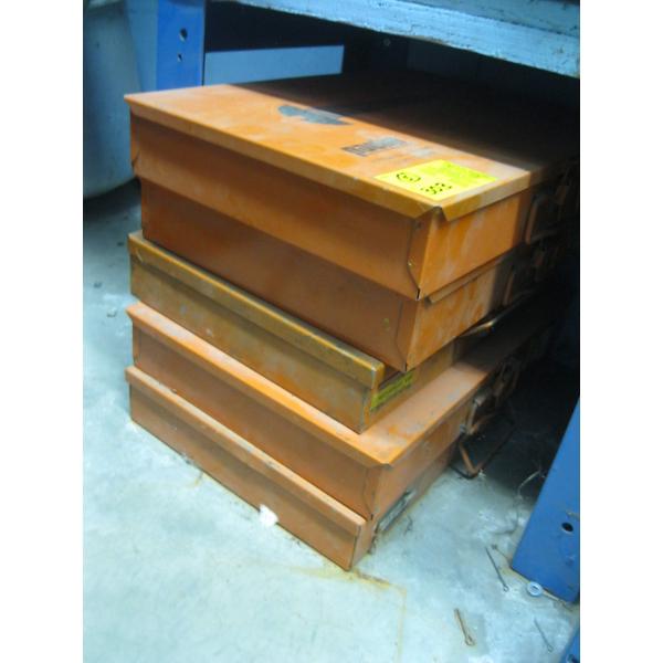 5 ORANGE METAL BOXES W/ASST. CONTENTS
