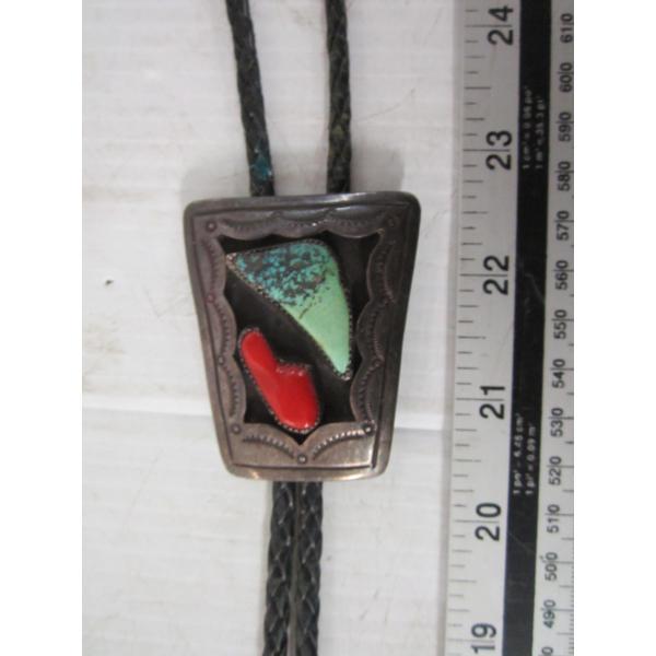 BENNETT SILVER TURQUOISE & CORAL NAVAJO BOLO TIE