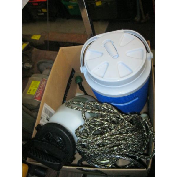 MISC. GARDEN SPRAYER, ROPE, WATER JUG, ETC.