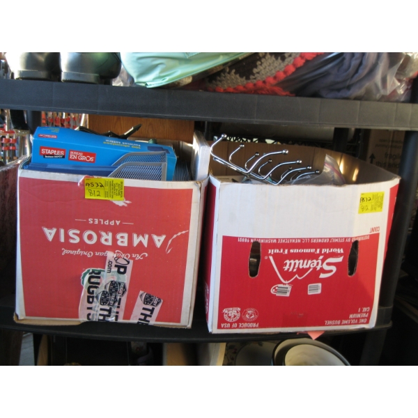 2 BOXES OF MISC. OFFICE SUPPLIES, CUTLERY, ETC.