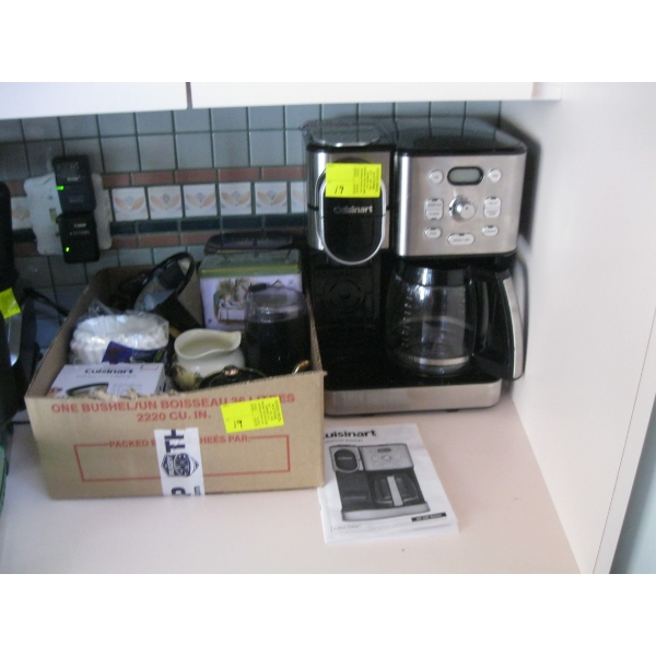 CUISINART COFFEEMAKER & BOX OF MISC. ACCESS. - TEAPOTS, GRINDER, ETC.
