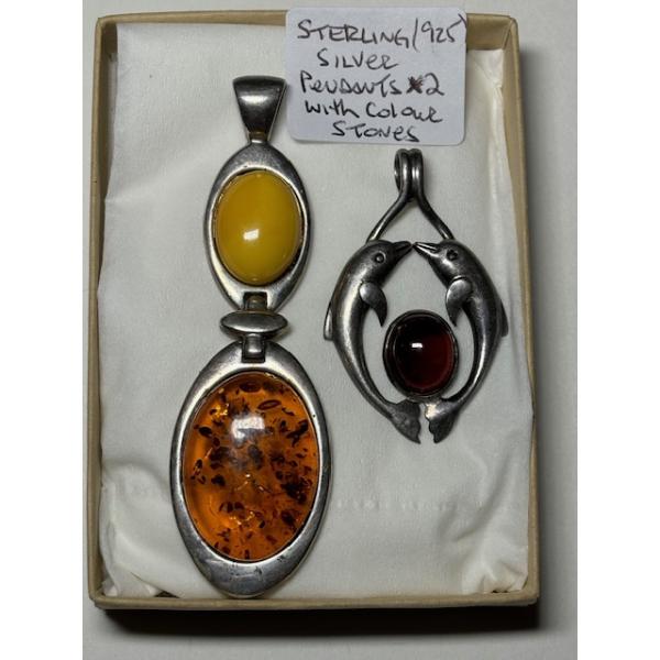 2 STERLING .925 SILVER PENDANTS W/COLORED STONES