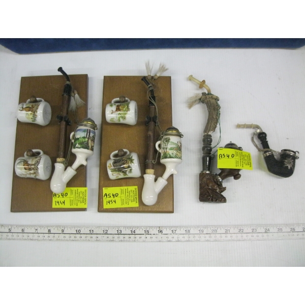 DECORATIVE WALL MOUNT PIPE & SHOT GLASS  & 2 DECORATIVE PIPES