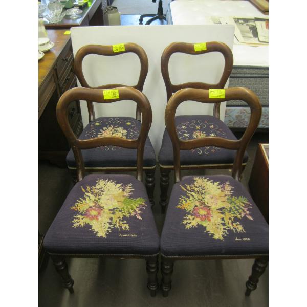 SET OF 4 BENT BACK DINING CHAIRS W/NEEDLEPOINT SEATS
