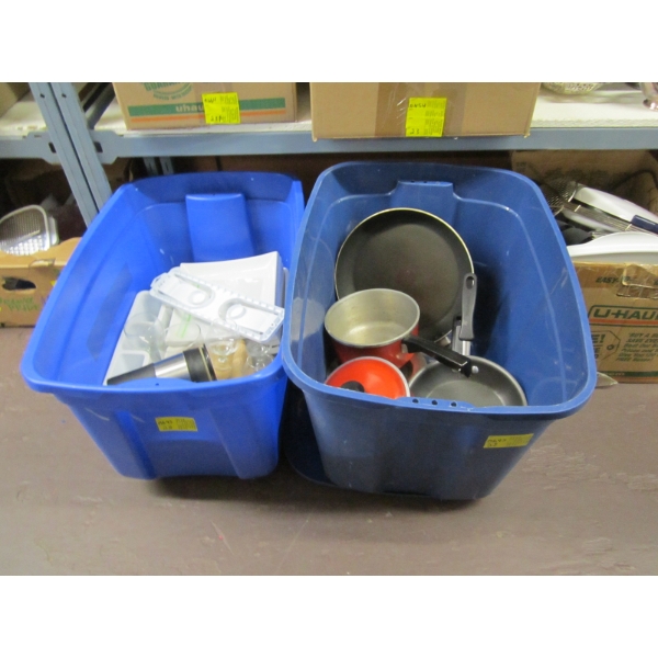 2 BINS OF MISC. POTS, PANS, GLASSES, ETC.
