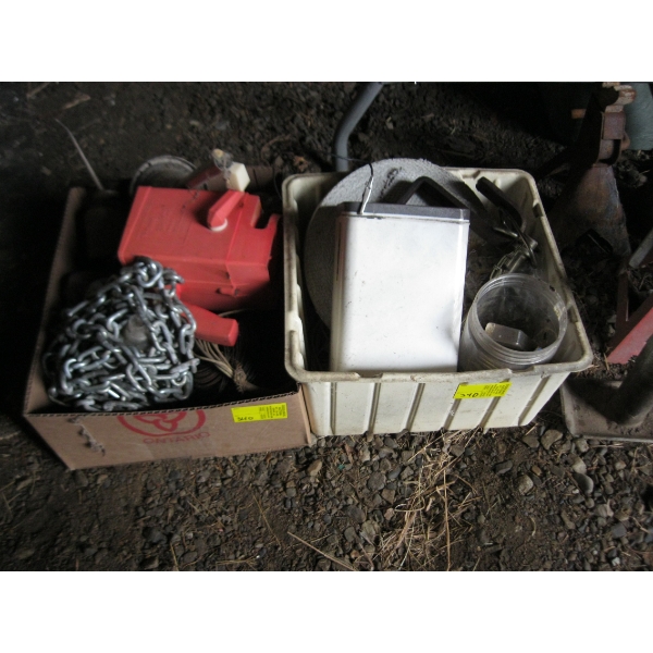 BIN & BOX OF MISC. CHAIN, WIRE, LIGHTS, ETC.
