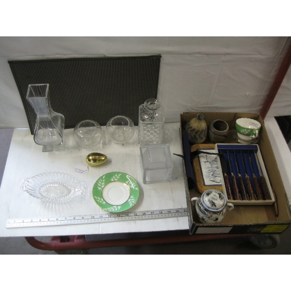 ASST. VINTAGE GLASSWARE, BONE HANDLED STEAK KNIFE SET, POTTERY, ETC.