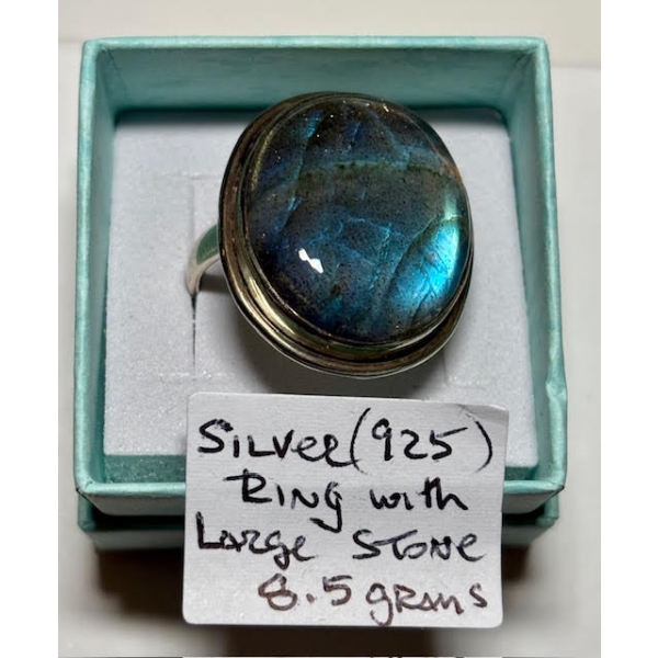 SILVER .925 RING W/LG. STONE, 8.5G, SZ 8 1/4