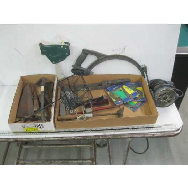 2 FLATS OF MISC. TOOLS, BOSCH ORBITAL SANDER, ETC.