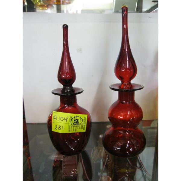 2 RED GLASS MCM BLENKO DECANTERS