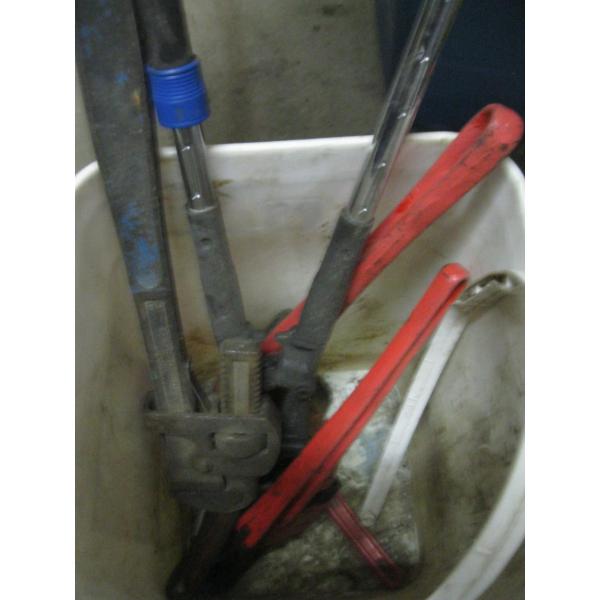 BIN W/MISC. PIPE WRENCHES, ETC.