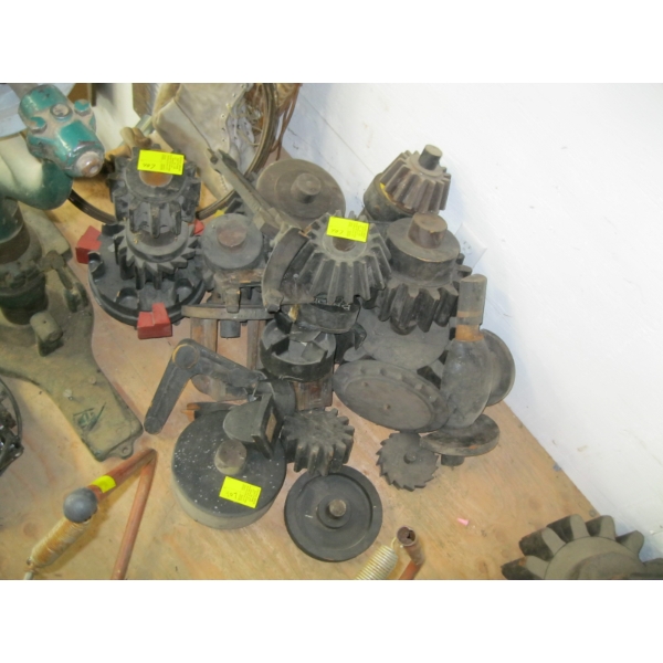 LG. LOT OF WOODEN CASTING ITEMS:  GEARS, ETC.