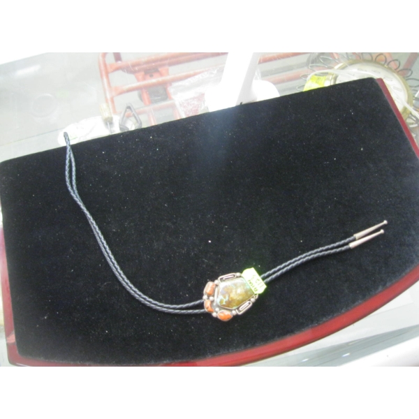 NAVAJO BOLO TIE W/TURQUOISE & CORAL STONES