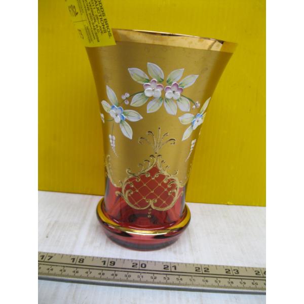 GOLD EMBOSSED OVER CRANBERRY GLASS VASE
