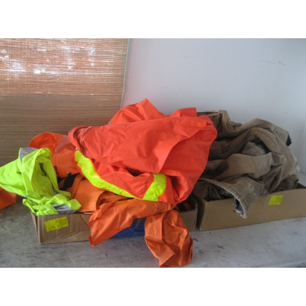 2 BOXES MISC. RAINJACKETS, INSULATED COVERALLS, ETC.