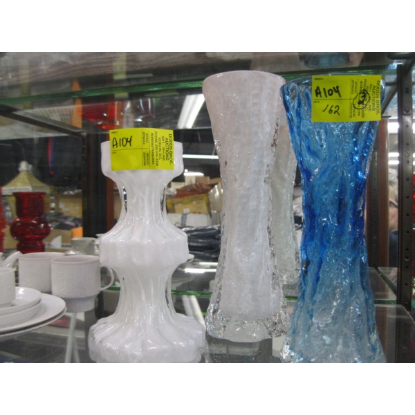 3 INGRID GLASS VASES - 2 WHITE/1 BLUE