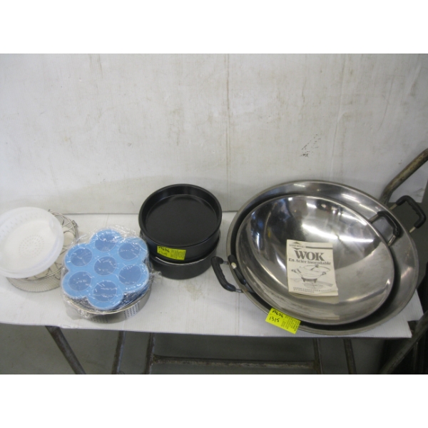 2 WOKS, BAKING CAKE PANS, ETC.