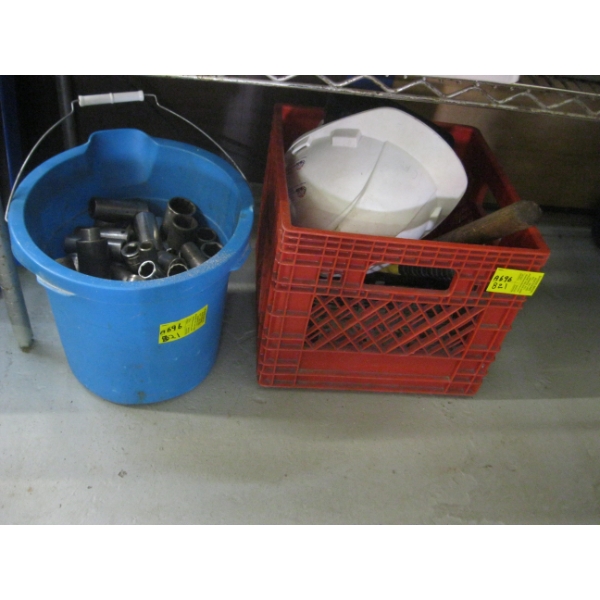 BIN W/MISC. HARD HAT, HAMMERS, ETC. & BOX OF 1/2" DRIVE DEEP SOCKETS