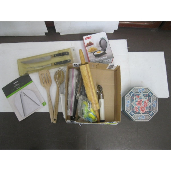 MISC. ROLLING PIN, WHISK, KNIFE SET, ETC.