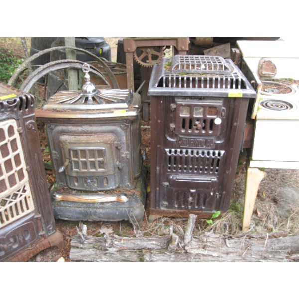 ENAMEL WOOD HEATER & A CAST & CHROME WOOD HEATER