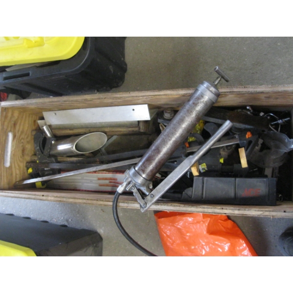 WOODEN CRATE W/ASST. TOOLS, GREASE GUN, CLAMPS, ETC.