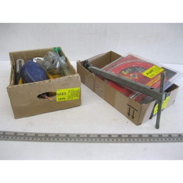 2 SM. FLATS OF MISC. CHALK LINES, TOOLS, DIAMOND CUTTING BLADE, ETC.