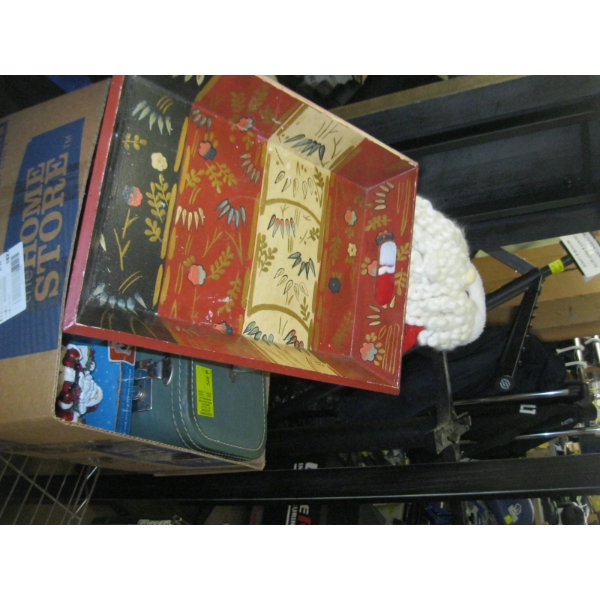 WOODEN TRAY, SANTA, SM. SUITCASE, ETC.