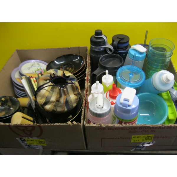 2 BOXES OF MISC. BOWLS, WATER BOTTLES, ETC.