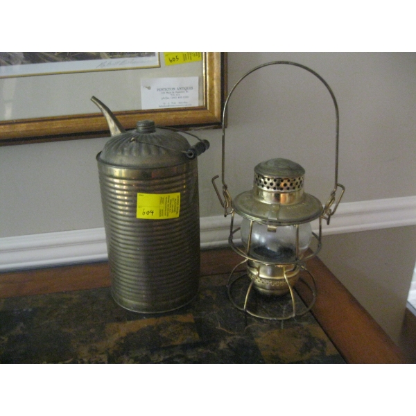 ANTIQUE GAS CAN & A CNR RAILWAY LANTERN