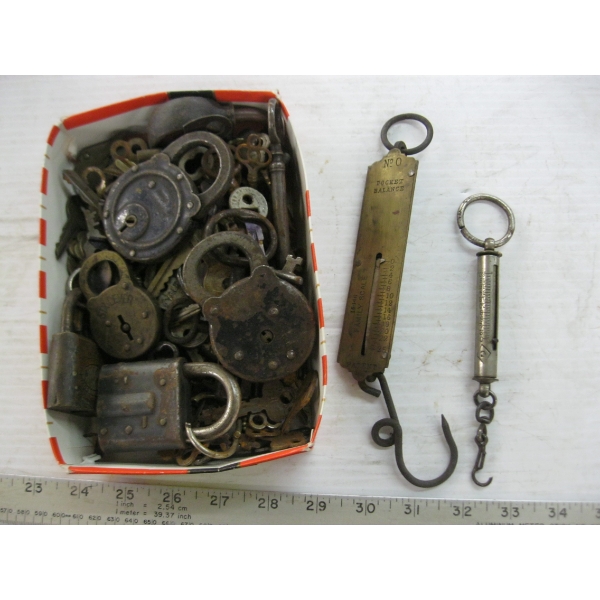 ASST. VINTAGE LOCKS, SCALE, KEYS, ETC.