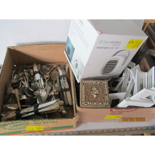 2 BOXES MISC. CUTLERY, PORTABLE FAN, ETC.
