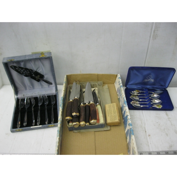 MISC. STEAK KNIVES, MAP MEASURE, CASED SPOONS & FORKS