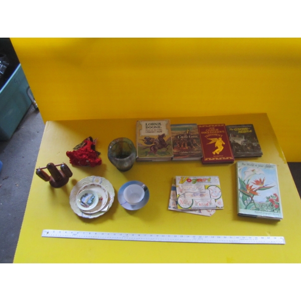 MISC. GLASS VASE, BUNNYKINS PLATE, BOOKS, ETC.